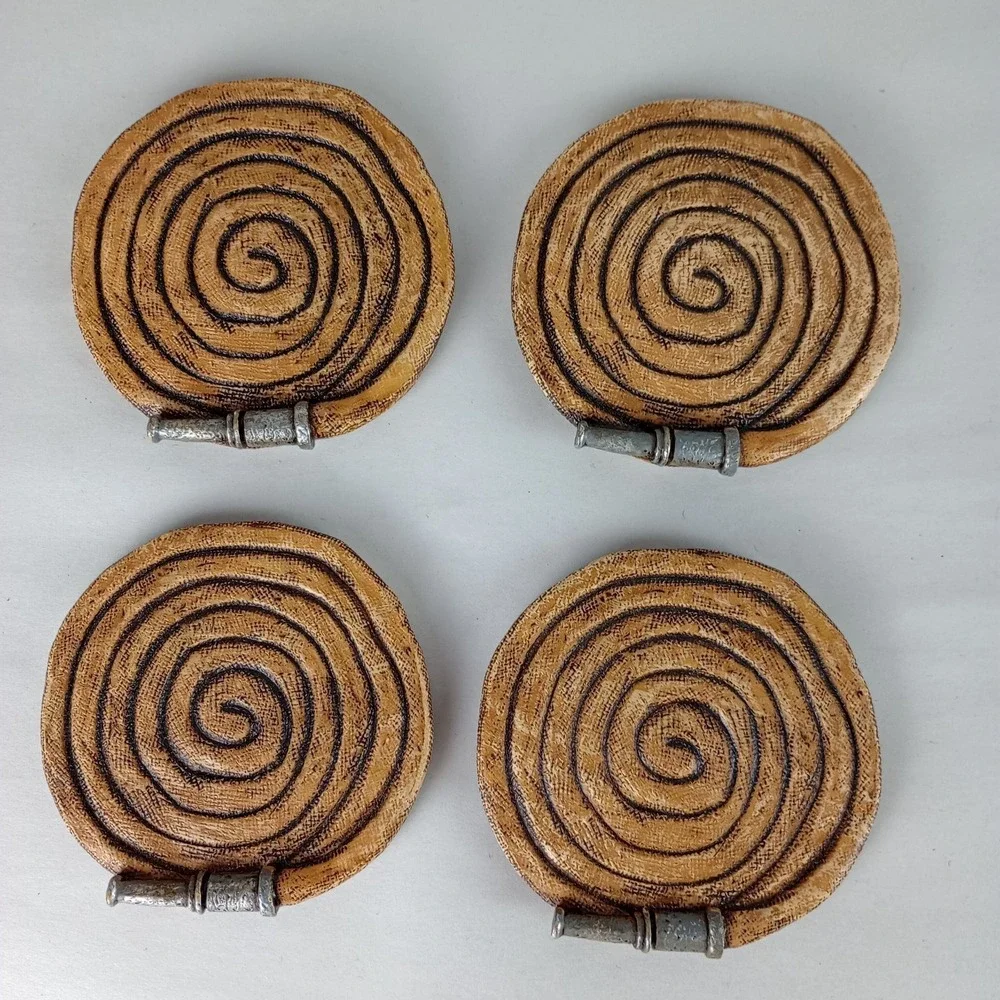 4 Coiled Fireman Firefighter Hose Coaster Set No Holder 3.5